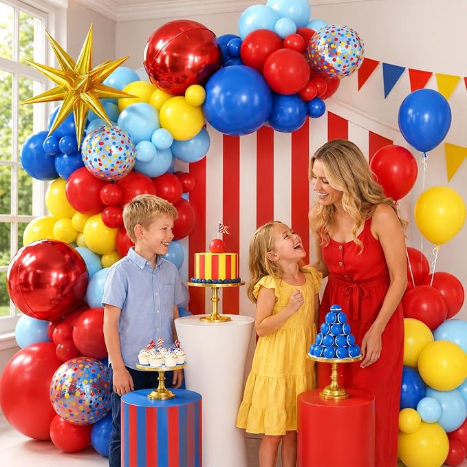 Red Blue Yellow Balloon Arch Garland Kit with Gold Star Foil Balloons Red 4D Round Ball Balloons for Birthday Party Carnival Circus Theme Decorations