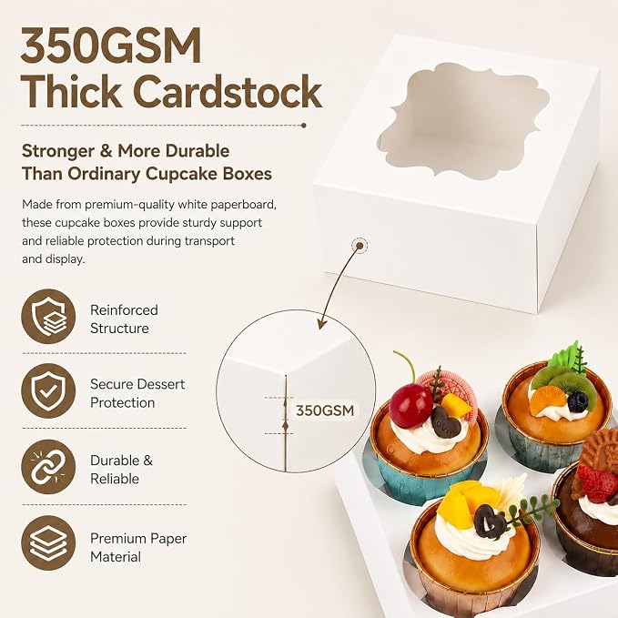 Cupcake Boxes with Window, 20 Pack 6.5x6.5x3 Inch Bakery Boxes for 4 Cupcakes, Muffins, Cookies & Pastries, Disposable Dessert Boxes with Insert Holder (White)
