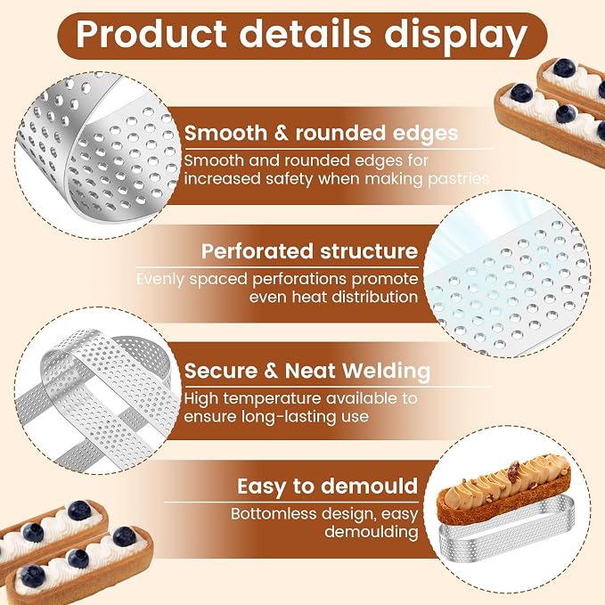 12PCS Oval Tart Rings, 5inch Perforated Tart Ring Mold, Stainless Steel Nonstick Cake Mousse Ring Pastry Mould, Heat Resistant Mini Fruit Tart Mold Pan for Baking Mousse Cheesecake Muffin Pie Dessert