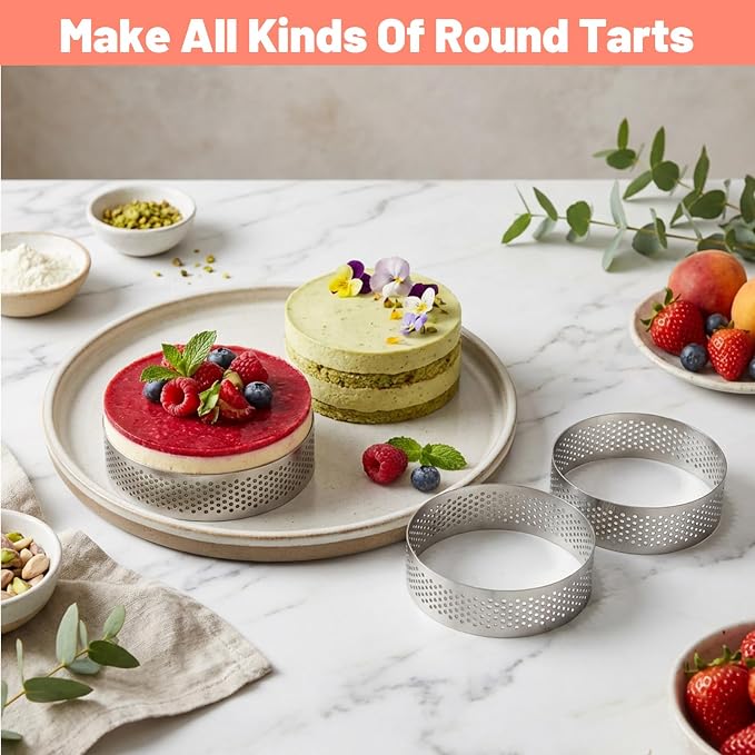 20Pcs Perforated Tart Rings, 3.15 Inch Stainless Steel Tart Ring, Round Mousse Cake Ring with Brush, Metal Pastry Mold for Baking Cooking Pastries, Small Fruit Tartet Crust 8cm