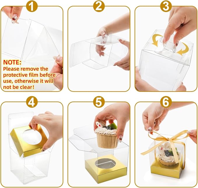 Cididu 48 PCS Clear Plastic Cupcake Boxes, 3.5 Inches Individual Cupcake Holder with Beige Ribbons Inserts, Disposable Single Ornament Gift Box Containers for Mother's Day Wedding Baby Shower Party