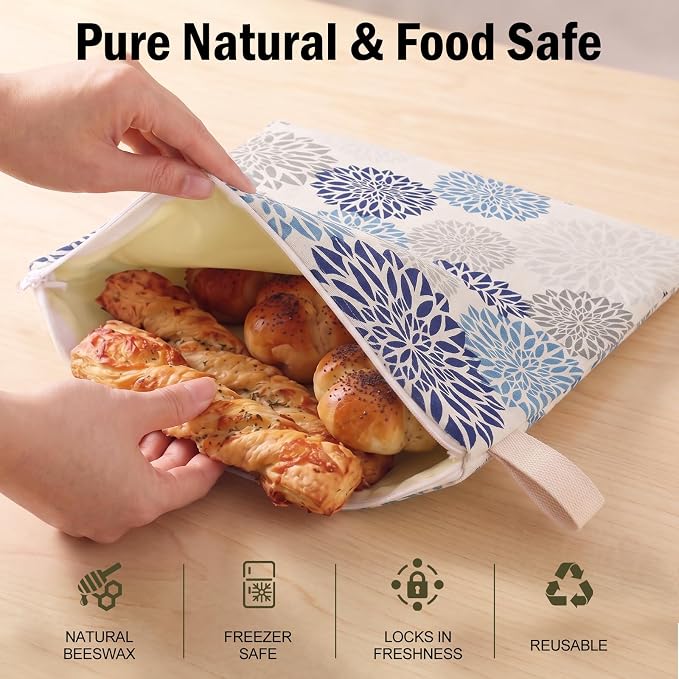 Beeswax Bread Storage Bags for Homemade Sourdough, 2 Pack 13" × 17" Linen Bread Bags with Natural Beeswax Lining, Wide L-Shaped Opening for Large Artisan Loaves, Reusable Bread Keeper（color-C）