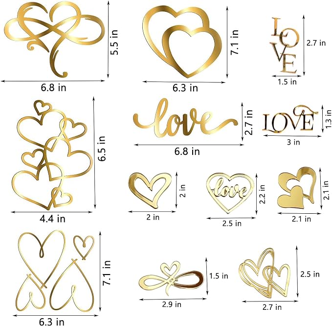 12 Pcs Acrylic Love Heart Cake Topper, Gold Heart Cake Toppers, Valentine's Day Cake Decoration, Wedding Cake Toppers, Anniversary Engagement Birthday Party Supplies