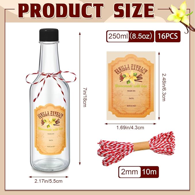 Tioncy 16 Pcs Empty Vanilla Extract Bottles for Homemade Vanilla Jar Glass Bottle with Cap, Shrink Band, Sticker DIY Crafts Wedding Gift Food Storage Canister for Bean(Multicolour,8.5 oz)