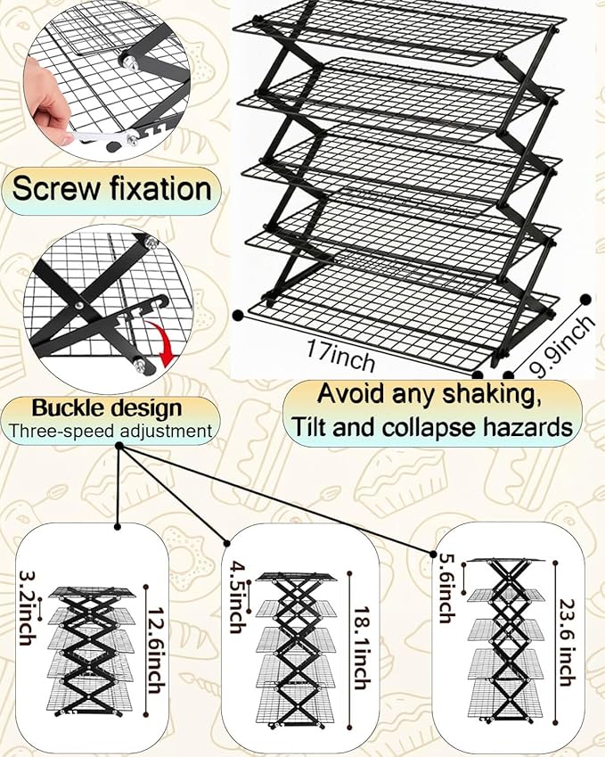 TOPACK 5-Tier Collapsible Cooling Rack for Baking — 15.8" x 9.7" Stackable Metal Wire Racks, Space-Saving Foldable Cookie & Bread Tower with Adjustable Heights for Small Kitchens, Holiday Baking