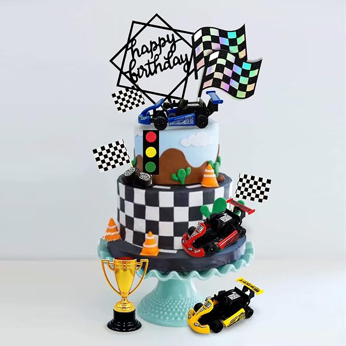 Racing Car Cake Decoration Car Cake Topper Happy birthday Card Inserted for Racing Theme Birthday Supplies Race Car Party Favors