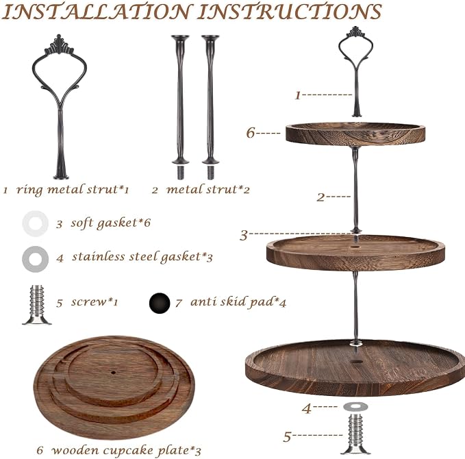 Large Wooden 3 Tier Cupcake Stand with Swing and Rose Decor, Dessert Table Display Set Removable Serving Tray Cupcake Tower Centerpiece for Tea Party Birthday Baby Shower Wedding