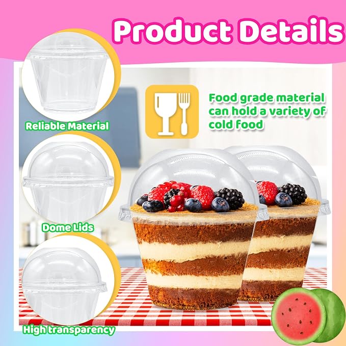Tiaiidi 100 Pack 6 oz Plastic Dessert Cups,Disposable Parfait Cups with Dome Lids (No Hole),Clear Plastic Party Cups for Fruit,Ice Cream,Yogurt,Cold Drinks,Cupcake,Snack