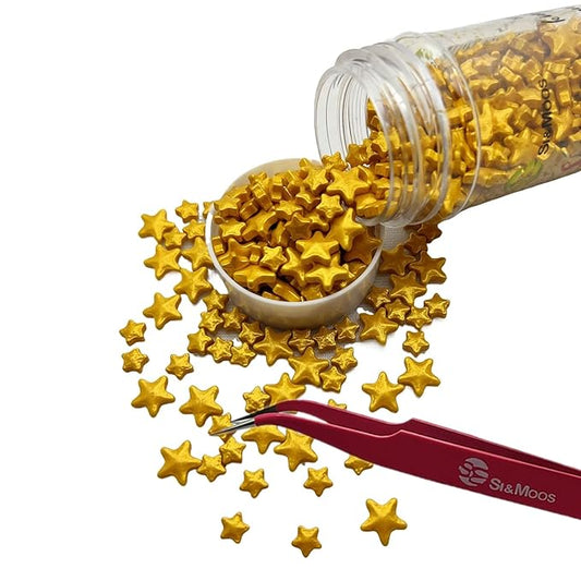 SE Si&Moos Gold Star Sprinkles for Cake Decorating Star Cake Decorations Large and Small Edible Gold Stars, Shower Party Birthday Halloween Christmas Supplies 3 OZ with Tweezers