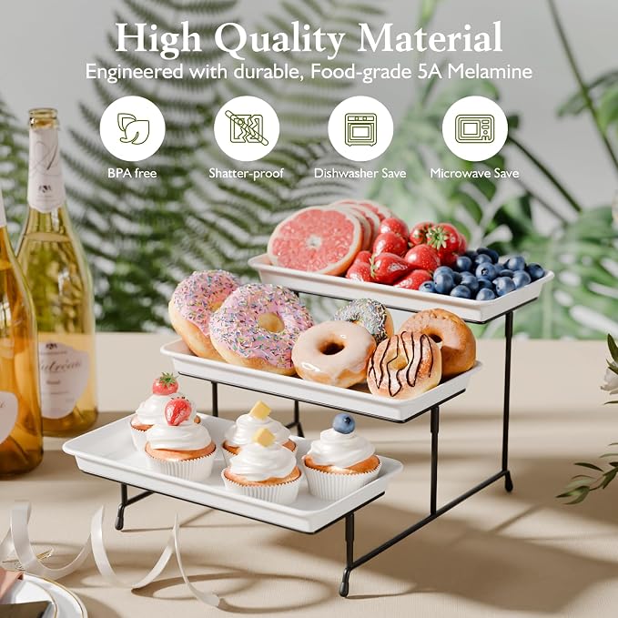 3-Tier Melamine Serving Tray Set, 11.5" x 5.6" Platters for Serving Food, White Reusable Trays with Black Metal Display Stand for Cupcakes, Sevring Food, Dessert, Fruit, Cookie, Black