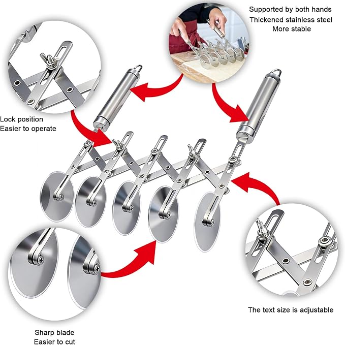5-Wheel Pastry Cutter & Dough Divider - Adjustable Heavy Duty Stainless Steel Tool for Cinnamon Rolls, Brownies, Lattice, Pasta, Pizza | Achieve Perfect, Even Cuts Every Time