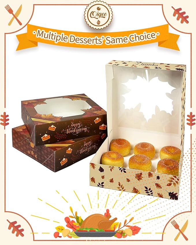 qiqee Thanksgiving Cookie Boxes with Window 12packs 9x9x2.5 Inch Bakery Box Pastry Box for Thanksgiving Day