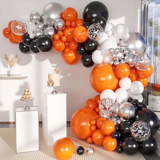 Orange Black White and Metallic Silver Balloons Garland Arch Kit, 146 Pcs Latex Balloons with Confetti for Birthday Party Graduation Father's Day Anniversary Bachelorette Party Decoration