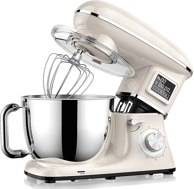Stand Mixer with LED Display & Timer 6.5QT Stainless Steel Bowl, 1350W 6-Speeds Electric Kitchen Stand Up Mixer for Baking Cakes Cookie Bread Salad Food with Egg Whisk, Dough Hook, Beater - White