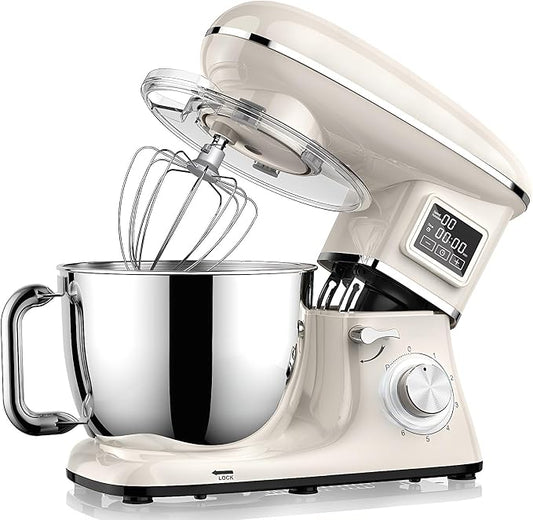 Stand Mixer with LED Display & Timer 6.5QT Stainless Steel Bowl, 1350W 6-Speeds Electric Kitchen Stand Up Mixer for Baking Cakes Cookie Bread Salad Food with Egg Whisk, Dough Hook, Beater - White