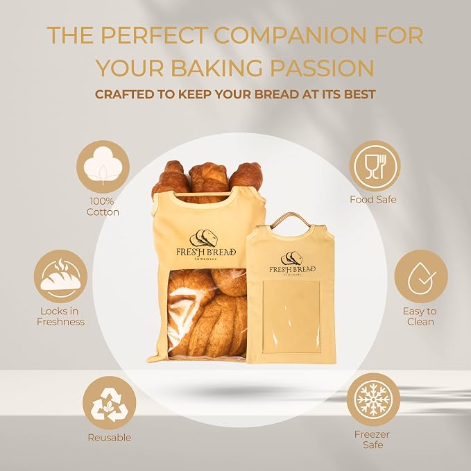 Reusable Linen Bread Bags for Homemade & Sourdough Bread – 2 Pack (XL & XXL) | Cloth Bread Bags with Clear Window, Zipper & Handle – Eco-Friendly Bread Storage Bags