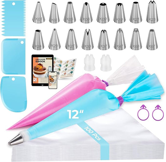Kootek 124Pcs Icing Piping Bags and Tips Set, Cake Decorating Kit with 100 Anti Burst Piping Bags 12 Inch, 16 Icing Tips, Reusable Pastry Bag, 3 Scrapers, 2 Couplers, 2 Bag Ties (Blue)