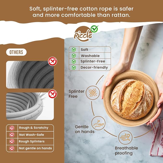 Riccle Cotton Rope Banneton Bread Proofing Basket Set, 9 Inch Round Bread Basket with Liners & Covers for Artisan Bread Baking, Sourdough Bread Baking Supplies (27)