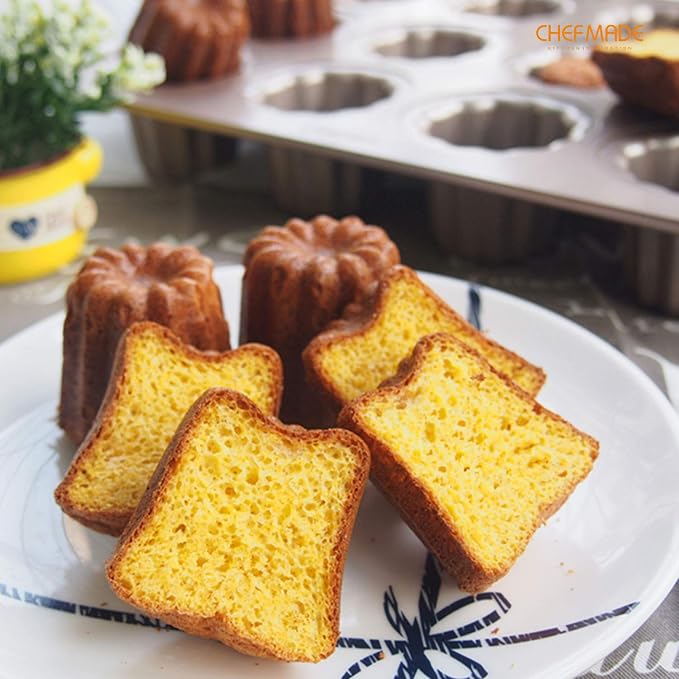 CHEFMADE Canele Mold Cake Pan, 12-Cavity Non-Stick Canele Muffin Bakeware Cupcake Pan for Oven Baking (Champagne Gold)
