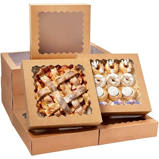 Bakepacker 10pcs Brown Pie Boxes 12x12x3 inches Easy Assemble Macaroon Cookie Boxes Bakery Boxes with Window for Bakery (Auto-pop Up)