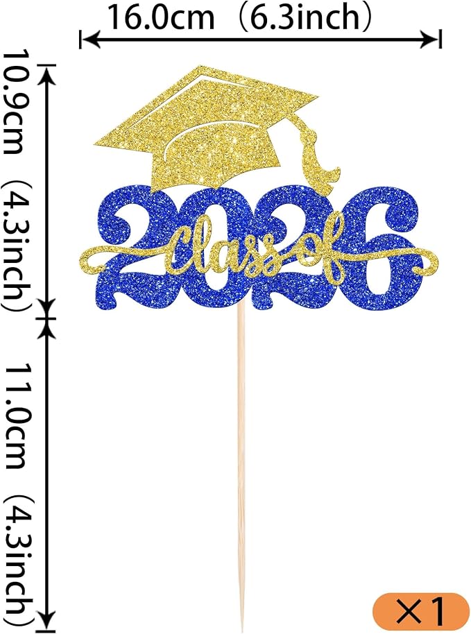 1 Pack Class of 2026 Cake Topper Glitter Congrats Grad Cap 2026 Graduation Cake Pick for 2026 Graduation Theme High School Boys Girls Graduate Party Cake Decorations Supplies Gold Blue