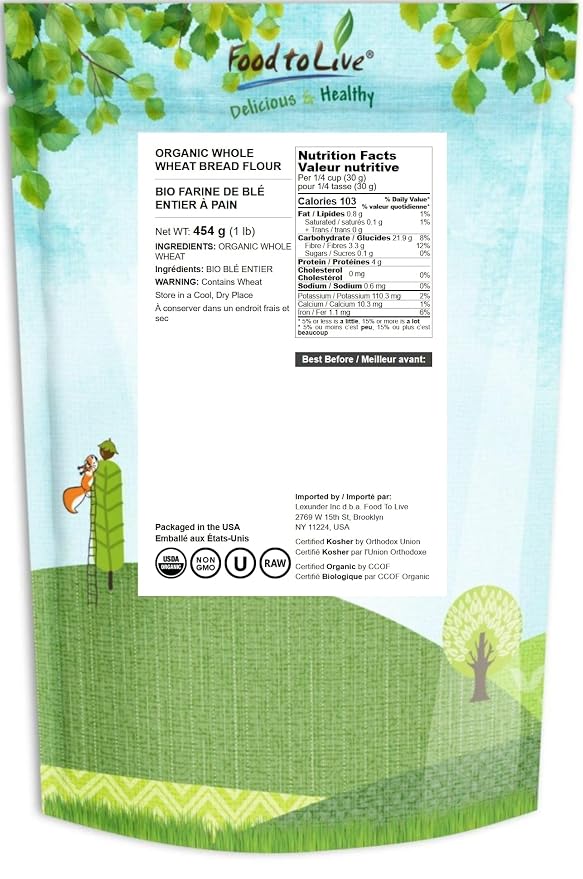 Food to Live Organic Whole Wheat Bread Flour, 1 Pound - Whole Grain, Unbleached, Non-GMO, Kosher, Unbromated, Raw, Vegan, Bulk, Product of the USA