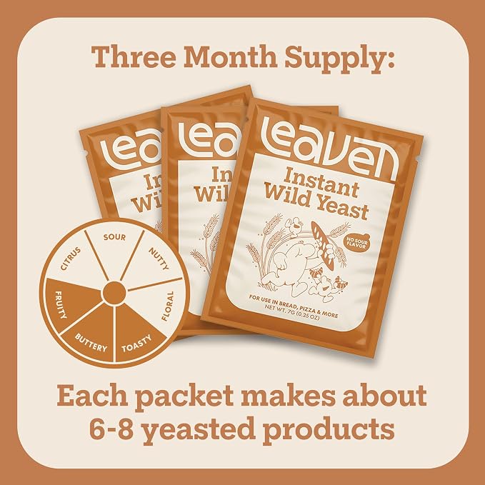 Leaven Foods Instant Wild Yeast (0.25oz Packets) 3-Pack - Bakes Up To 21 Breads - Premium Baker's Yeast for Better Baking - Deep, Rich, Buttery Bread Flavor - All Natural, Gluten Free, & Non GMO