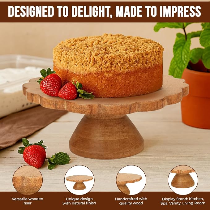 Mela Artisans 12" Mango Wood Cake Stand 5" Tall with Wooden Pedestal – Natural Finish Riser Designed for Birthday Cake and Cookie Display, Cupcake Stand & Decorative Trays