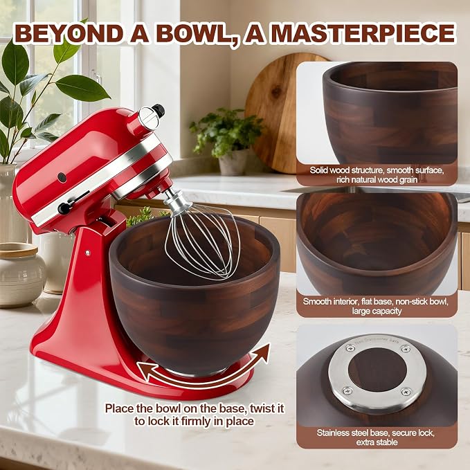 Premium Acacia Wooden Mixing Bowl for K45 & KSM150 Series, 4.5&5 Qt Tilt-Head Models, Natural Wood Bowl with Stainless Steel Precision Locking Base for Kitchen Aid Mixers(Acacia)