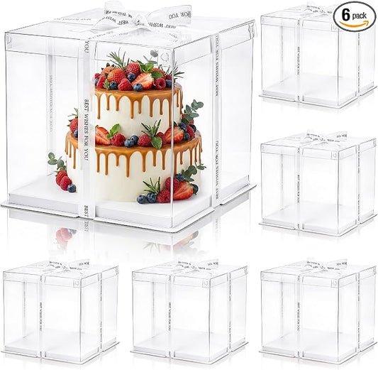 Cididu 6 Pcs Clear Cake Box with Ribbon 2-Layer 10x10x10 Inch, Transparent Cake Carrier Box with Lids, PET Tall Cake Packaging Boxes, Clear Gift Boxes for Mother's Day Birthday Wedding Festival Party