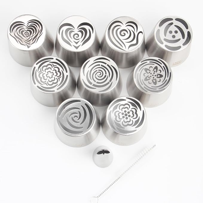 11-Piece Extra-Large Russian Flower Piping Tip Set, Stainless Steel Rose and Tulip Piping Tips for Cake Decoration, Including 9 Extra-Large Flower Tips, 1 Leaf Tip, and 1 Brush