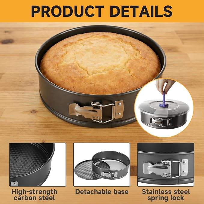 Acrux7 2 Pack 9 Inch Springform Cheesecake Pans with Removable Bottom, Latch and Lids, Round Nonstick Carbon Steel Cheese Cake Pan, Easy Release Spring Form Pan Bakeware for Baking, Oven Safe