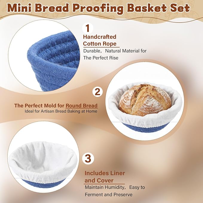 6 Set 5.5 Inch Mini Banneton Bread Proofing Basket Natural Cotton Rope Proofing Bowls Kit with Cloth Liner Small Sourdough Bread Baking Supplies for Home Baking (Blue)