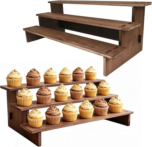Wooden Display Stand -2PCS Rustic Cupcake Stands | Tiered Cupcake Stand, 3 Tier Serving Tray for Cup Cake, Dessert, Snacks, Spice Rack, Vendor