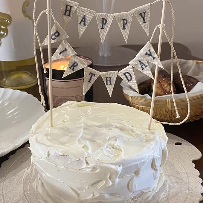 Happy Birthday Cake Bunting Topper Cake Topper Garland, Handmade Pennant Flags with Wood Pole Ivory (Without Pink Rose)
