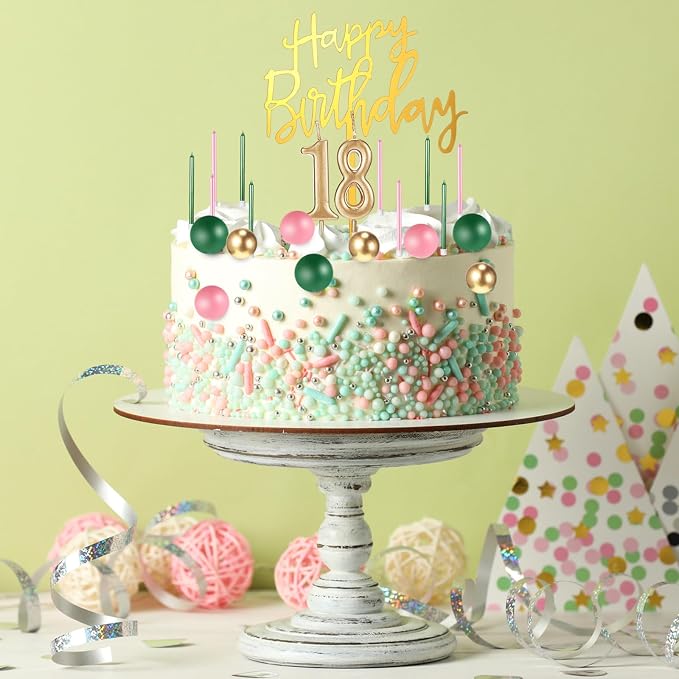 Yerliker 34 Pcs Happy Birthday Cake Toppers Decorations Birthday Candles DIY Cake Decor for Men Women Wedding Anniversary(Gold Green Pink)