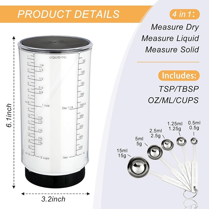 6 Pcs Adjustable Measuring Cups Set Includes 2 Cup Push up Measuring Cup and 5 Measurings Spoon for Peanut Butter 4 in 1 Liquid Dry Semi Solid Ingredient Home Cooking Tool