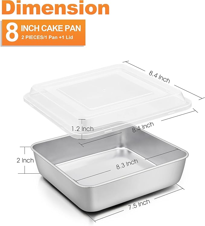 Herogo 8”x 8” Baking Pan (1 Pan + 1 Lid), Stainless Steel Square Cakes Brownie Lasagna Bakeware with Lid, Healthy & Dishwasher Safe