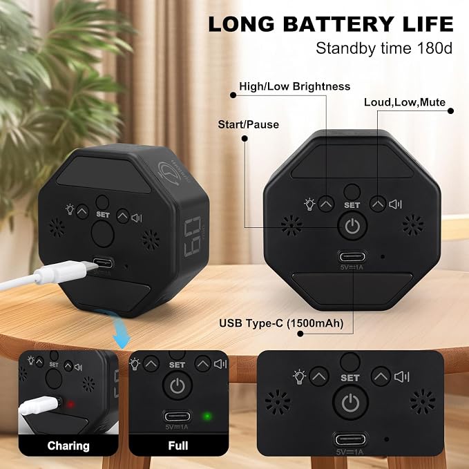 Small Productivity Timer - Pomodoro Timer with 3/5/10/25/60 Min Presets & Custom Countdown | Magnetic Rechargeable Digital Clock for Desk, Study and Games (Black)