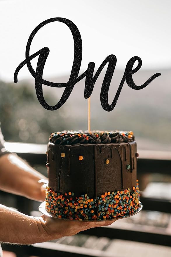MYAMPED First Birthday Cake Topper - Glitter Black One Sign 1st Birthday Cake Decorating Supplies, Suitable for Baby Shower Favors, Birthday Party or Photo Booth Props