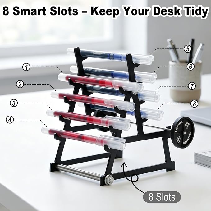 Metal Squat Rack Pen Holder with 8 Slots – Mini Barbell & Weight Blocks, Funny Desk Decor for Men Women, Cool Office Desk Accessories, Unique Pen Holder Gift for Gym Lovers Fitness Enthusiasts (Black)