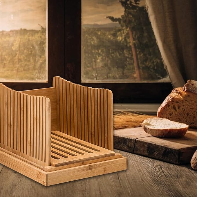 Nature Bamboo Bread Slicer Cutting Foldable Wood Bread Cutter Adjustable 3 Thickness Loaf Bread Cutting Board For Homemade Bread Loaf Cakes Bagels Kitchen Baking Tools