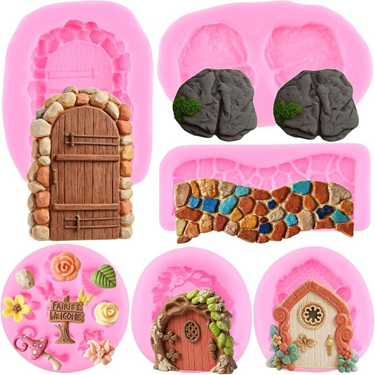 Mujiang Enchanted Vintage Fairy Garden Fairy Home Door Silicone Molds Flower Leaf Stone Path Fondant Mold For Cake Decorating Cupcake Topper Candy Polymer Clay Chocolate Gum Paste Set Of 5
