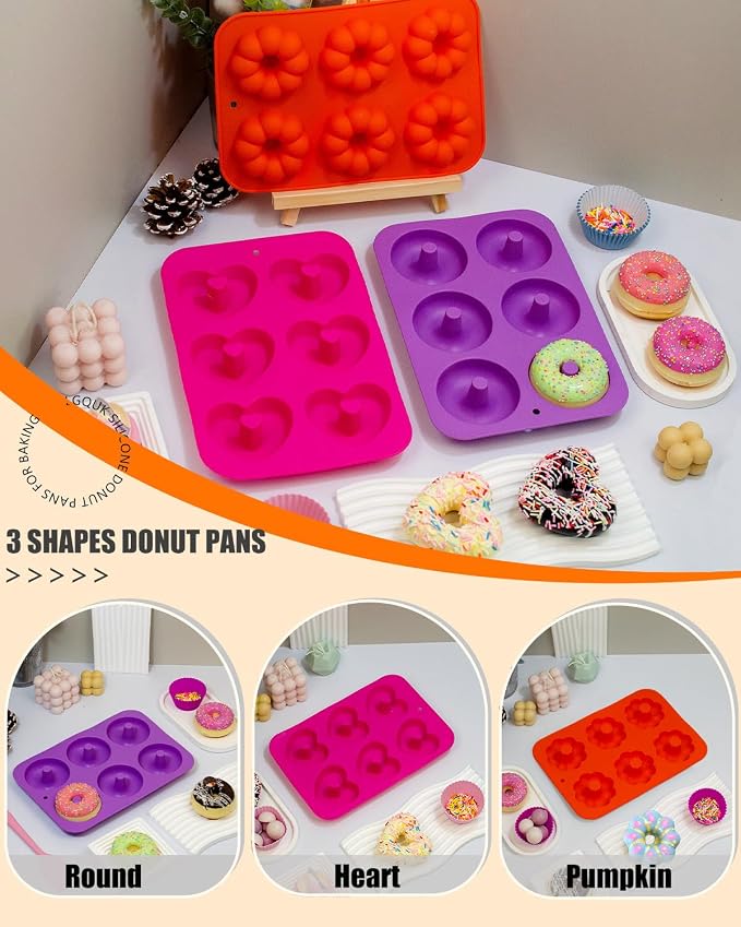 Silicone Donut Pan 3pcs Non-Stick Doughnuts Baking Pans for Donuts, 6 Cavity Fluted Tube Cake Silicone Mold for Baking (Orange+Pink+Purple)
