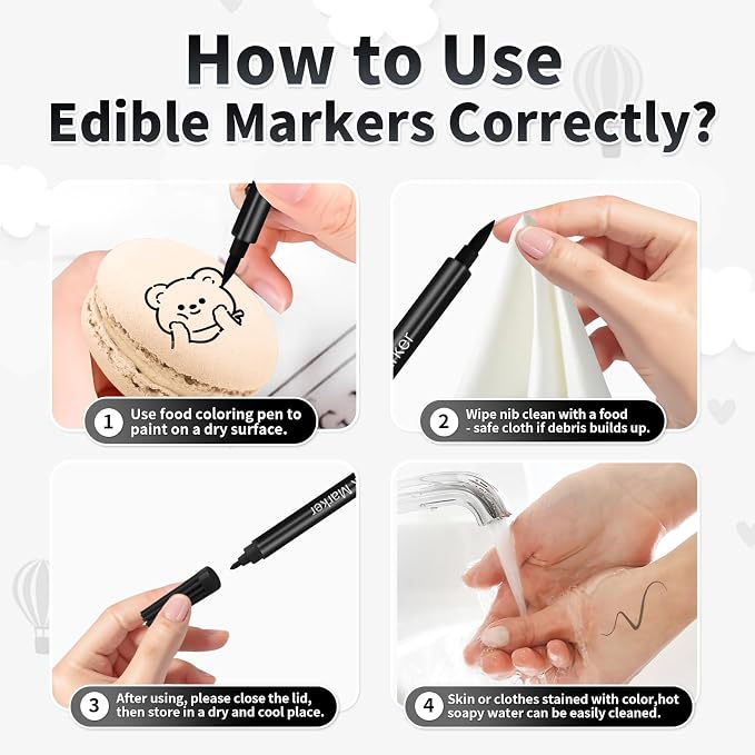 Black Edible Markers - 6PCS Double Sided Food Coloring Pens with Fine and Thick Tip, Food Grade Gourmet Writer for Cookie, Fondant, Cakes, Frosting, Baking, Easter Eggs Decorating