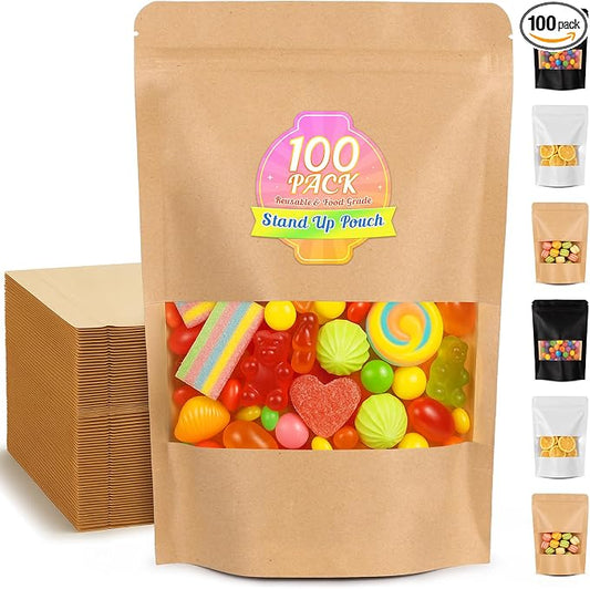 Food Bags 100 Pack Granola Trail Mix Bags Sealed Bag with Window Resealable Stand Up Pouches Wax Melt Candy Bar Tea Packaging Beef Jerky Chip Bag Bolsas para Carne Seca