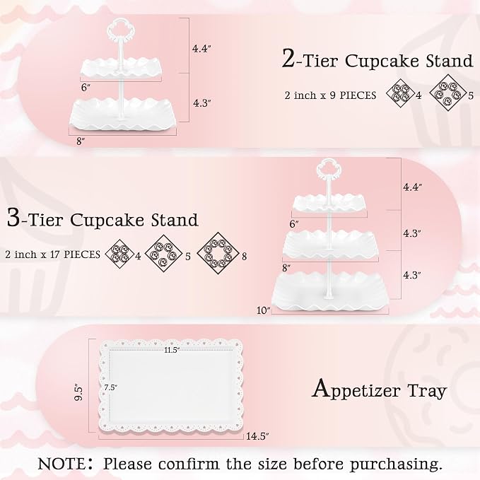 NWK 5 Piece Cake Stand Set with 2 x 3-Tier Cupcake Stands, 1 x2-Tier Cupcake Stands, 2 x Appetizer Trays, for Wedding Birthday Baby Shower Tea Party Decorations (5, White, Square)