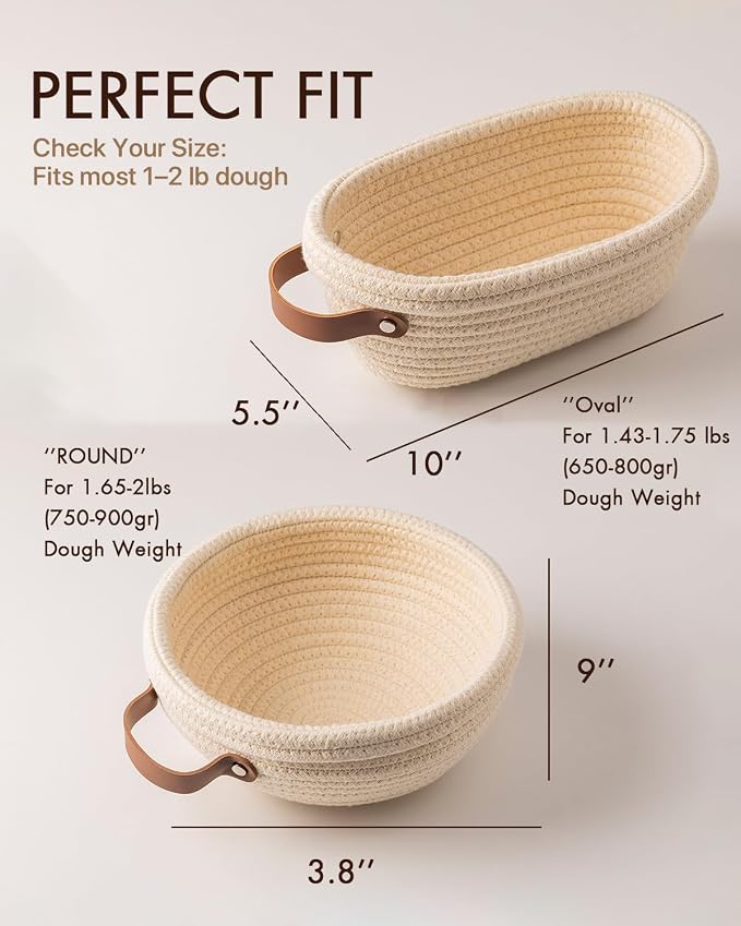 Crispier Crust Cotton Rope Banneton Bread Proofing Basket Set, Oval & Round Bread Baskets with Liners & Covers for Artisan Bread Baking, Sourdough Bread Baking Supplies(Cream)