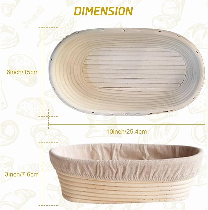 Bread Proofing Basket Set of 2, 10 inch Oval Sourdough Proofing Bowls with Liners, Handmade Rattan Baskets for Bread Making Baking Fermentation
