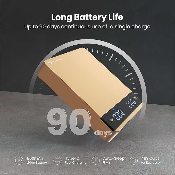 Mini Coffee Scale with Timer, Maestri House Rechargeable Espresso Scale, 2kg/0.1g Accurate Scale for Espresso and Pour-Over Coffee, Portable Digital Kitchen Scale with Automatic Timing-Gold
